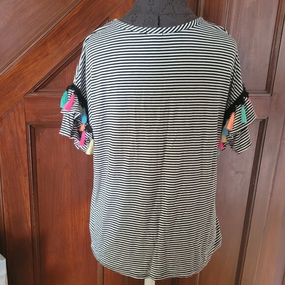 Hannah Striped Black & White Top With Colorful Tassels On Sleeves Medium - Picture 2 of 6